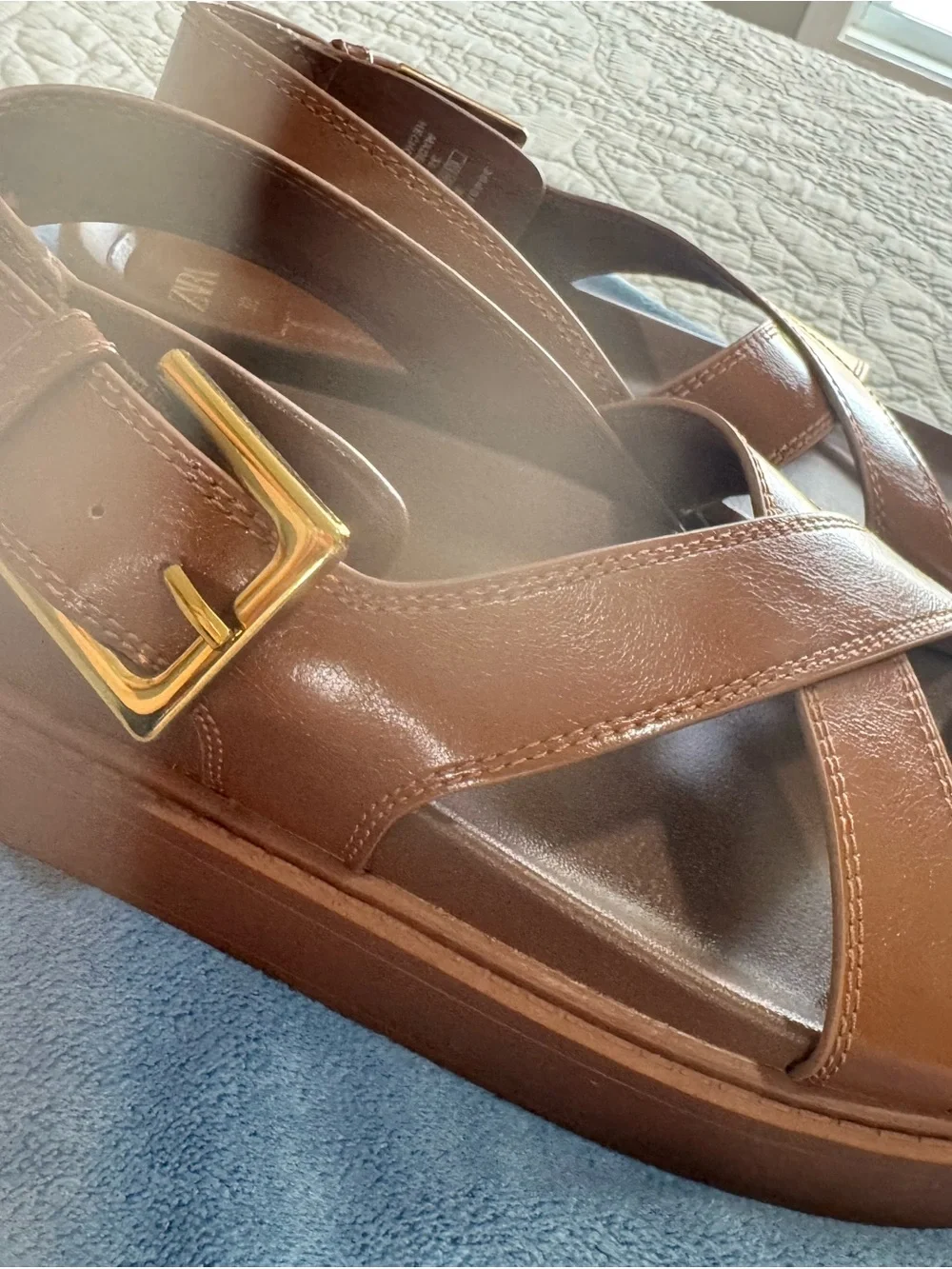 Zara Brown Crisscross Leather Women’s Sandals with Gold Buckle - Picture 4 of 5